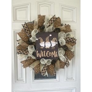 Leopard Welcome Gnome Deco Mesh Ribbon Wreath Front Door Hanger